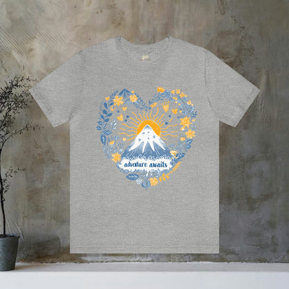 Adventure Awaits Blue and Yellow Mountain Sun T-Shirt | Nature-Inspired Apparel - Branch and Stick Branch and Stick