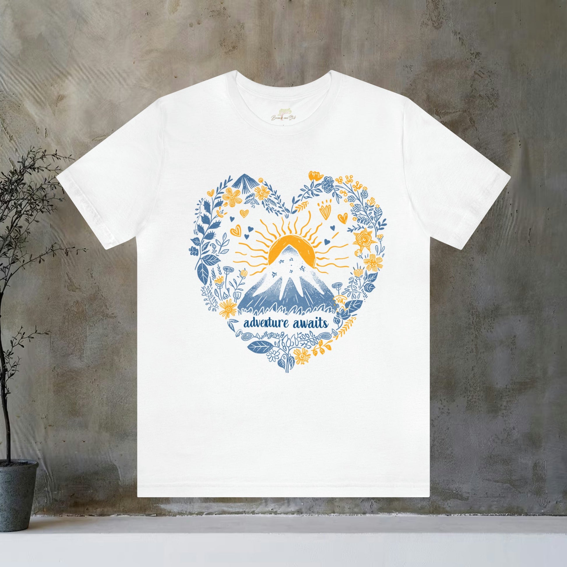 Adventure Awaits Blue and Yellow Mountain Sun T-Shirt | Nature-Inspired Apparel - Branch and Stick Branch and Stick