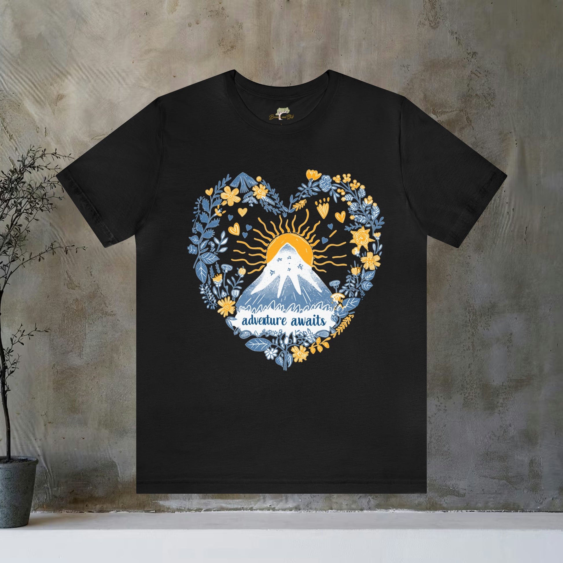 Adventure Awaits Blue and Yellow Mountain Sun T-Shirt | Nature-Inspired Apparel - Branch and Stick Branch and Stick