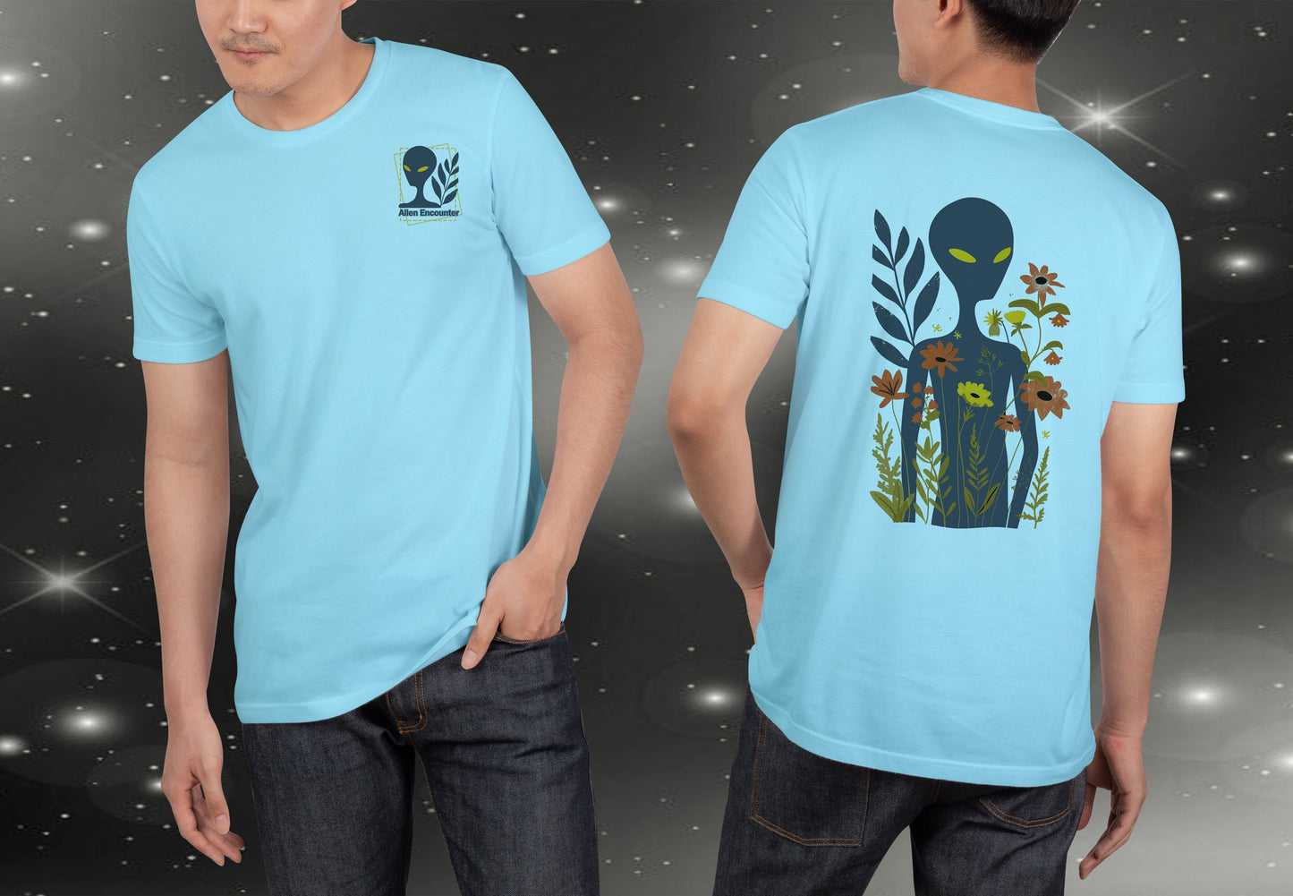 Alien and Wildflowers 2-Sided Unisex T-Shirt | Unique Design - Branch and Stick Branch and Stick