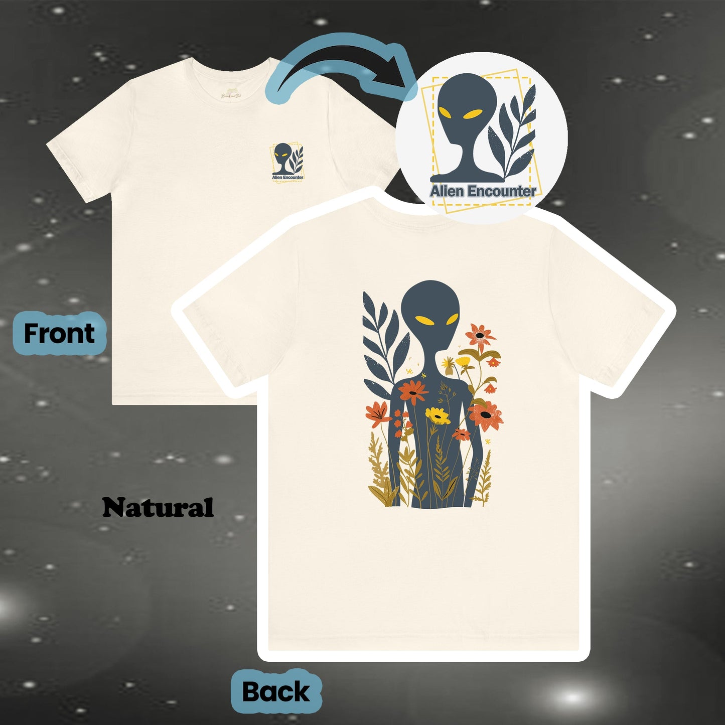 Alien and Wildflowers 2-Sided Unisex T-Shirt | Unique Design - Branch and Stick Branch and Stick