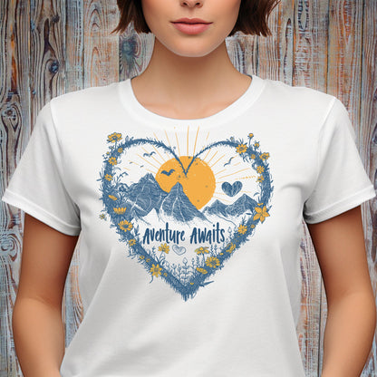 Aventure Awaits Wildflower Heart Design T-Shirt | Soft and Versatile Branch and Stick