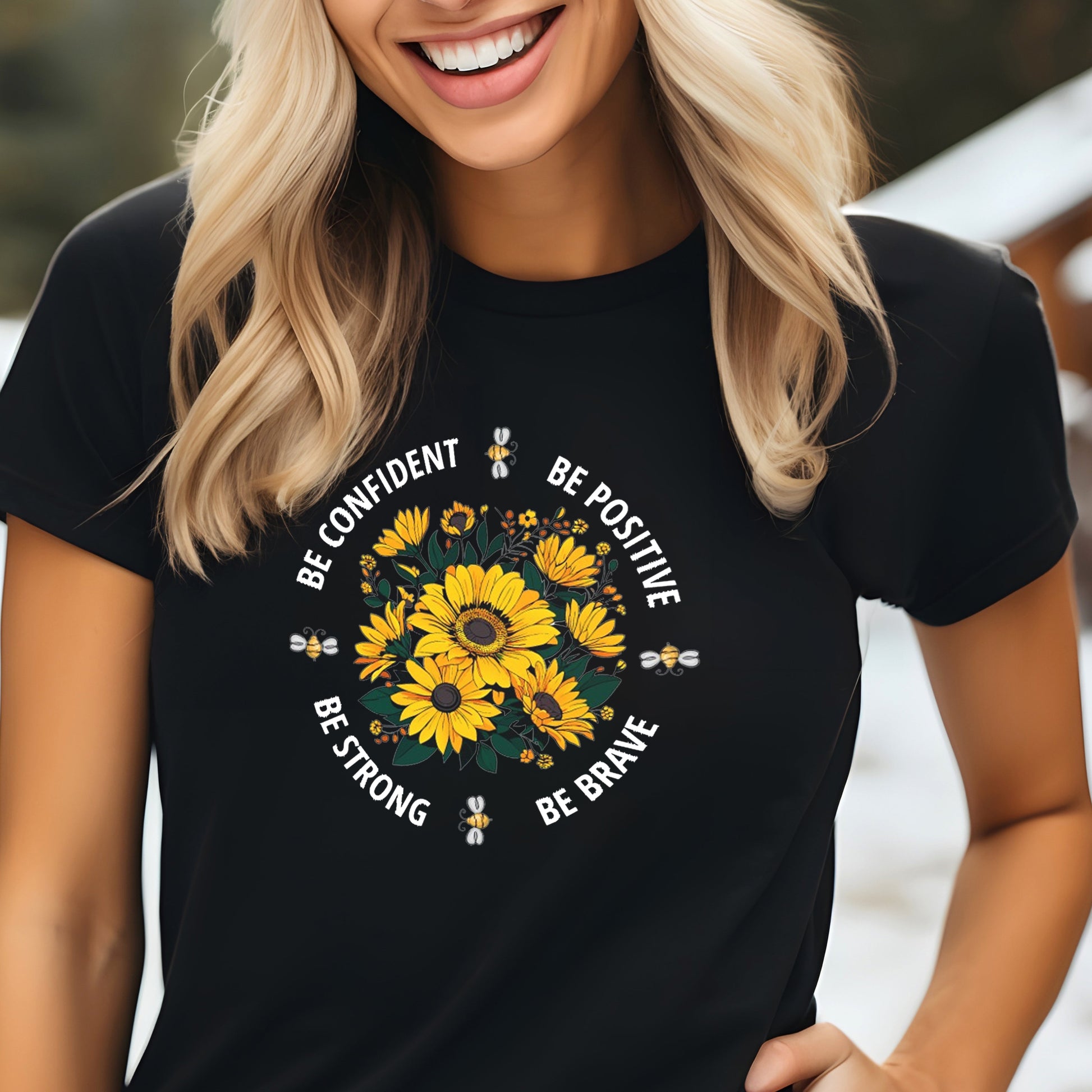 Be Confident, Be Positive, Be Strong, Be Brave Sunflower and Bee Design Tee | Branch and Stick Branch and Stick