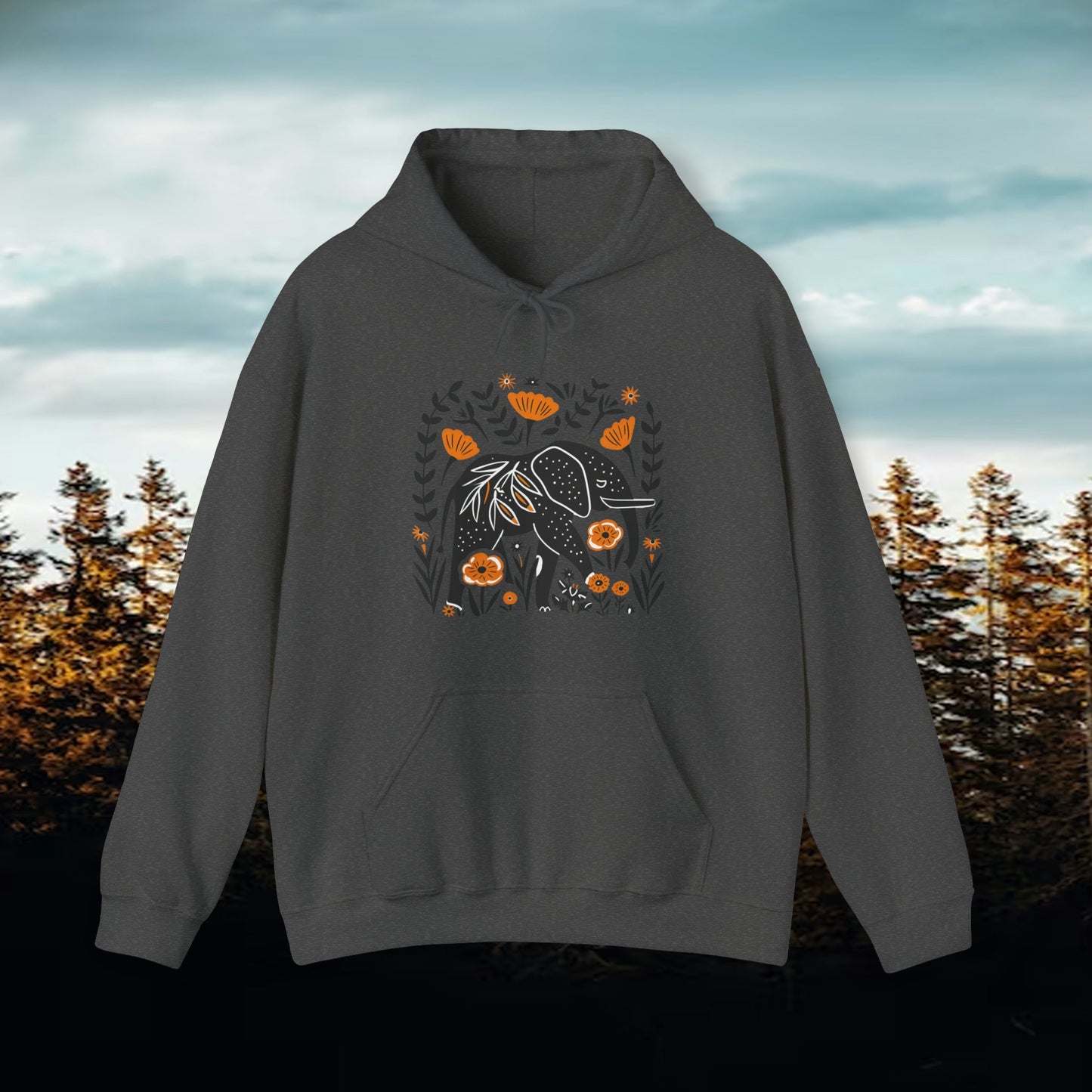 Black Elephant with Orange Wildflowers Box Design Hooded Sweatshirt | Branch and Stick Branch and Stick