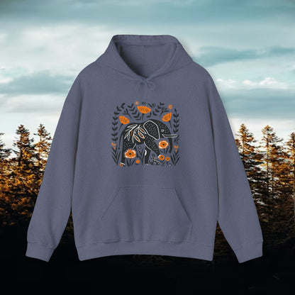 Black Elephant with Orange Wildflowers Box Design Hooded Sweatshirt | Branch and Stick Branch and Stick