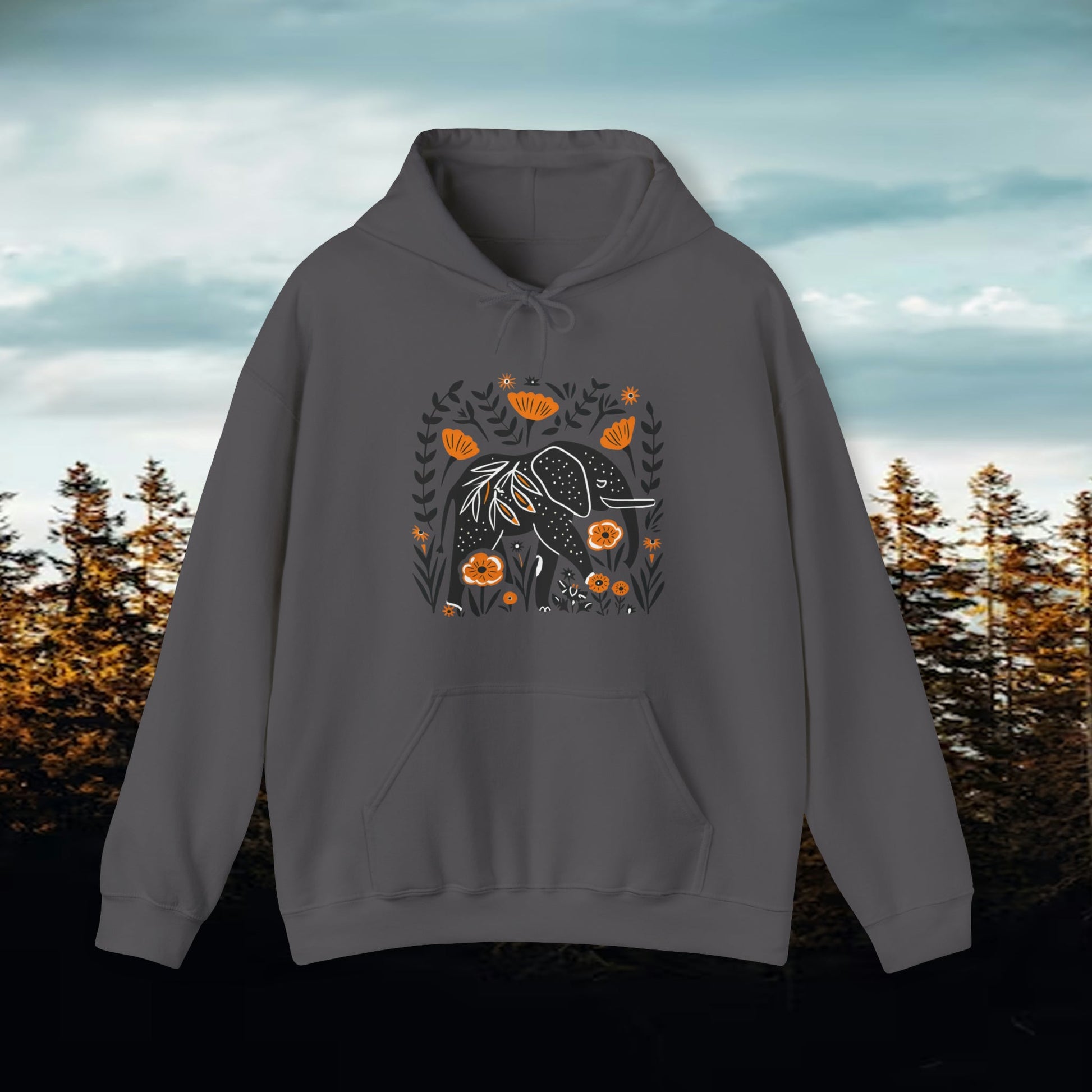 Black Elephant with Orange Wildflowers Box Design Hooded Sweatshirt | Branch and Stick Branch and Stick