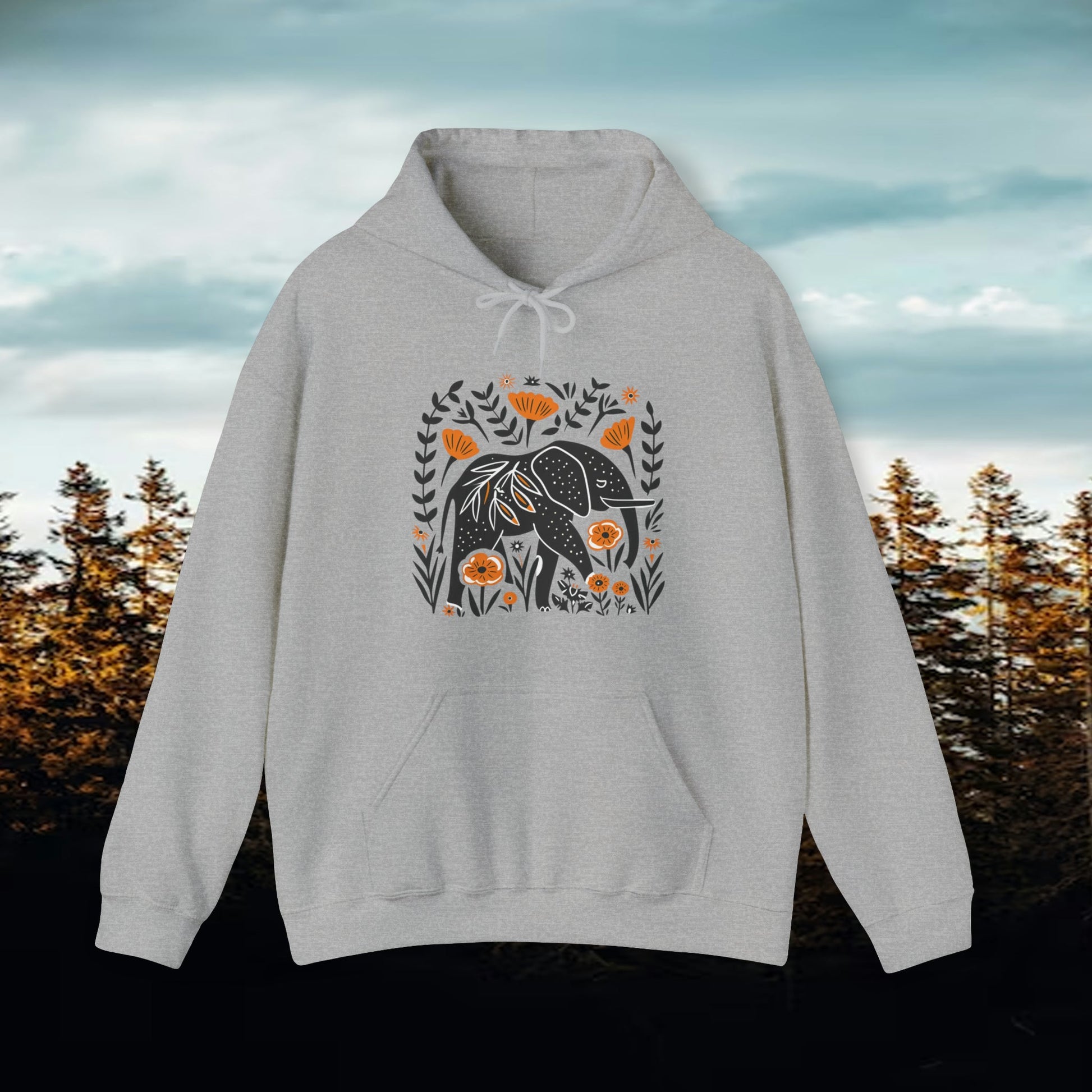 Black Elephant with Orange Wildflowers Box Design Hooded Sweatshirt | Branch and Stick Branch and Stick