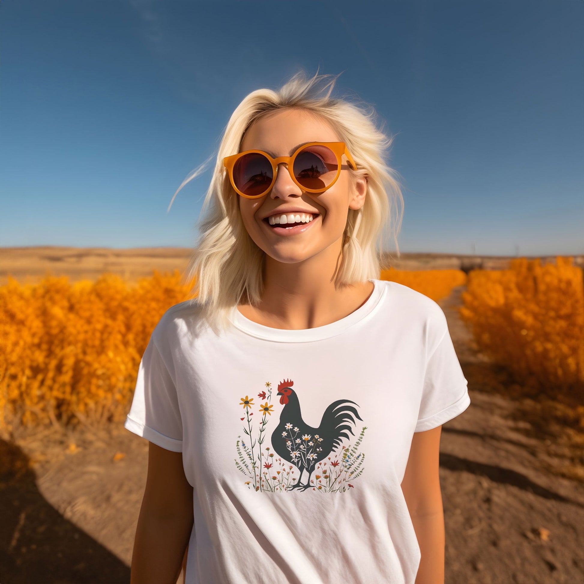 Chicken in Wildflower Field Icon T-Shirt | Minimalistic Vector Design - Branch and Stick Branch and Stick