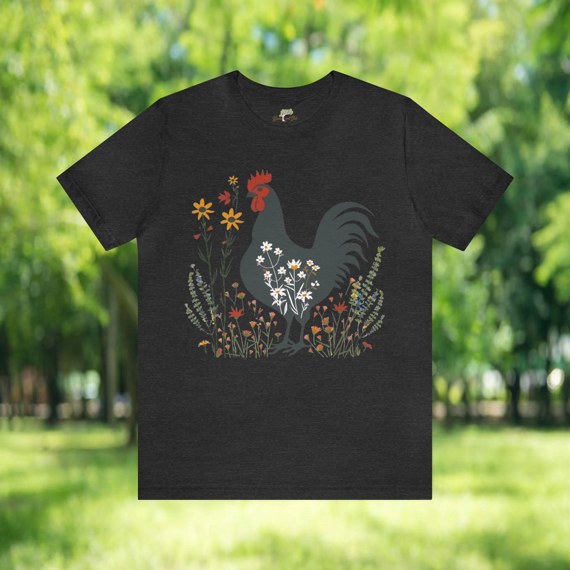 Chicken in Wildflower Field Icon T-Shirt | Minimalistic Vector Design - Branch and Stick Branch and Stick