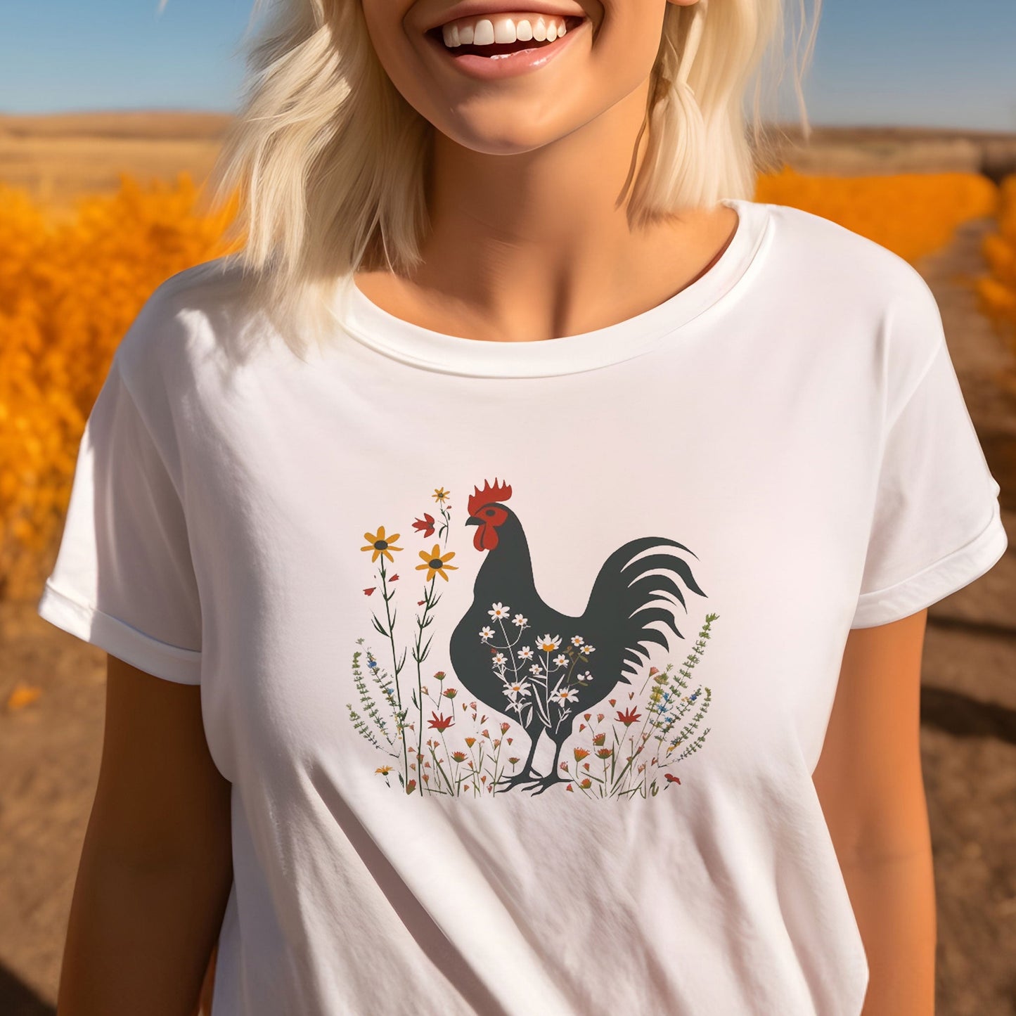 Chicken in Wildflower Field Icon T-Shirt | Minimalistic Vector Design - Branch and Stick Branch and Stick