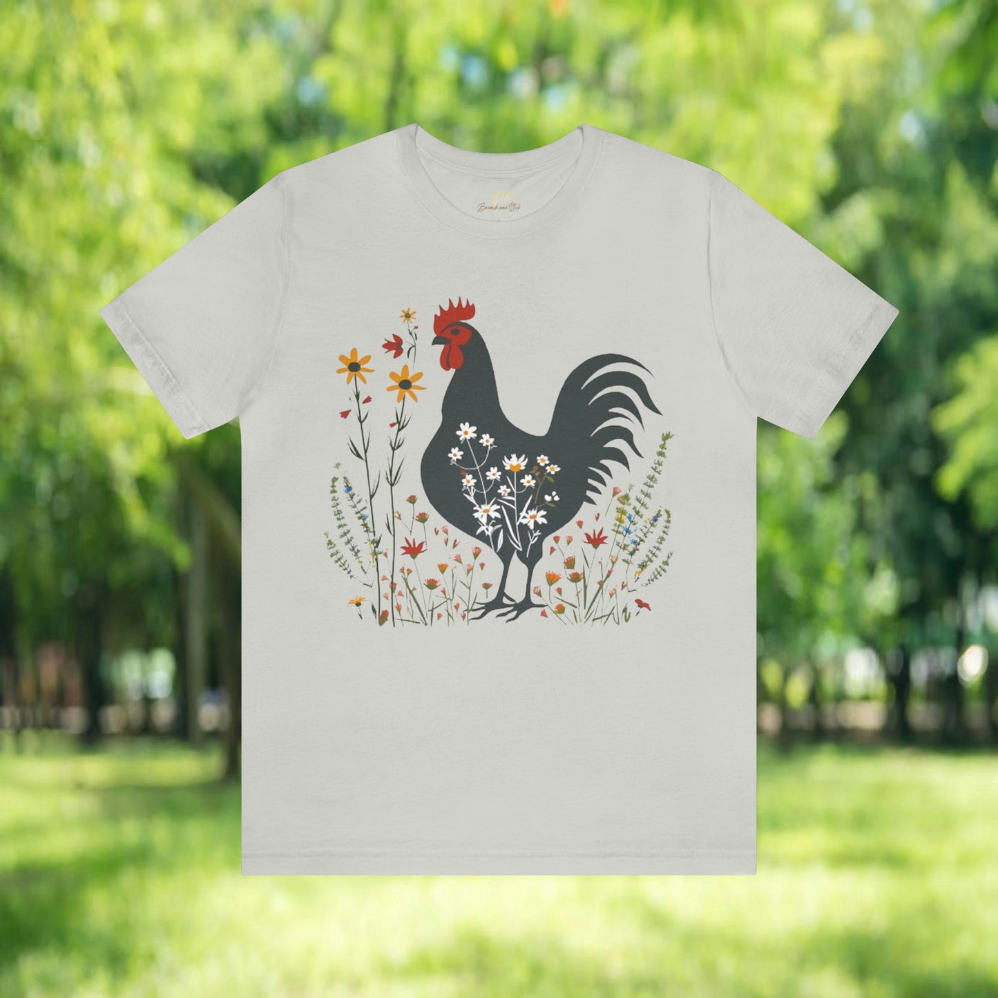 Chicken in Wildflower Field Icon T-Shirt | Minimalistic Vector Design - Branch and Stick Branch and Stick