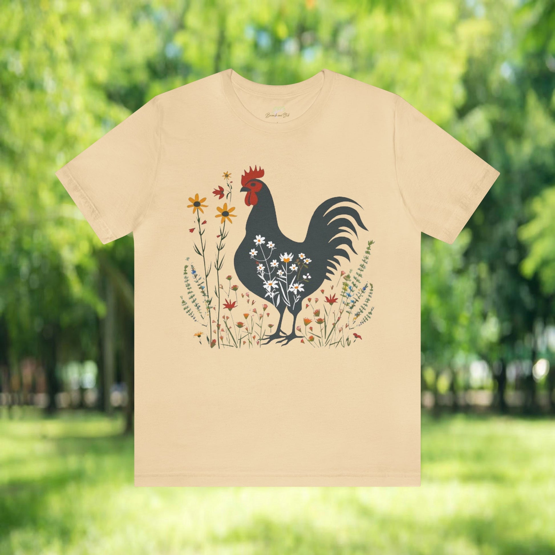 Chicken in Wildflower Field Icon T-Shirt | Minimalistic Vector Design - Branch and Stick Branch and Stick