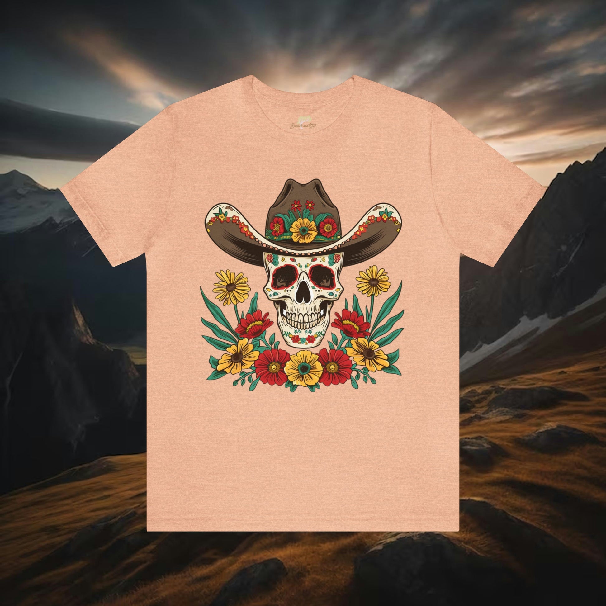 Cowboy Skull and Wildflowers Unisex Tee | Folk Art Design - Branch and Stick Branch and Stick