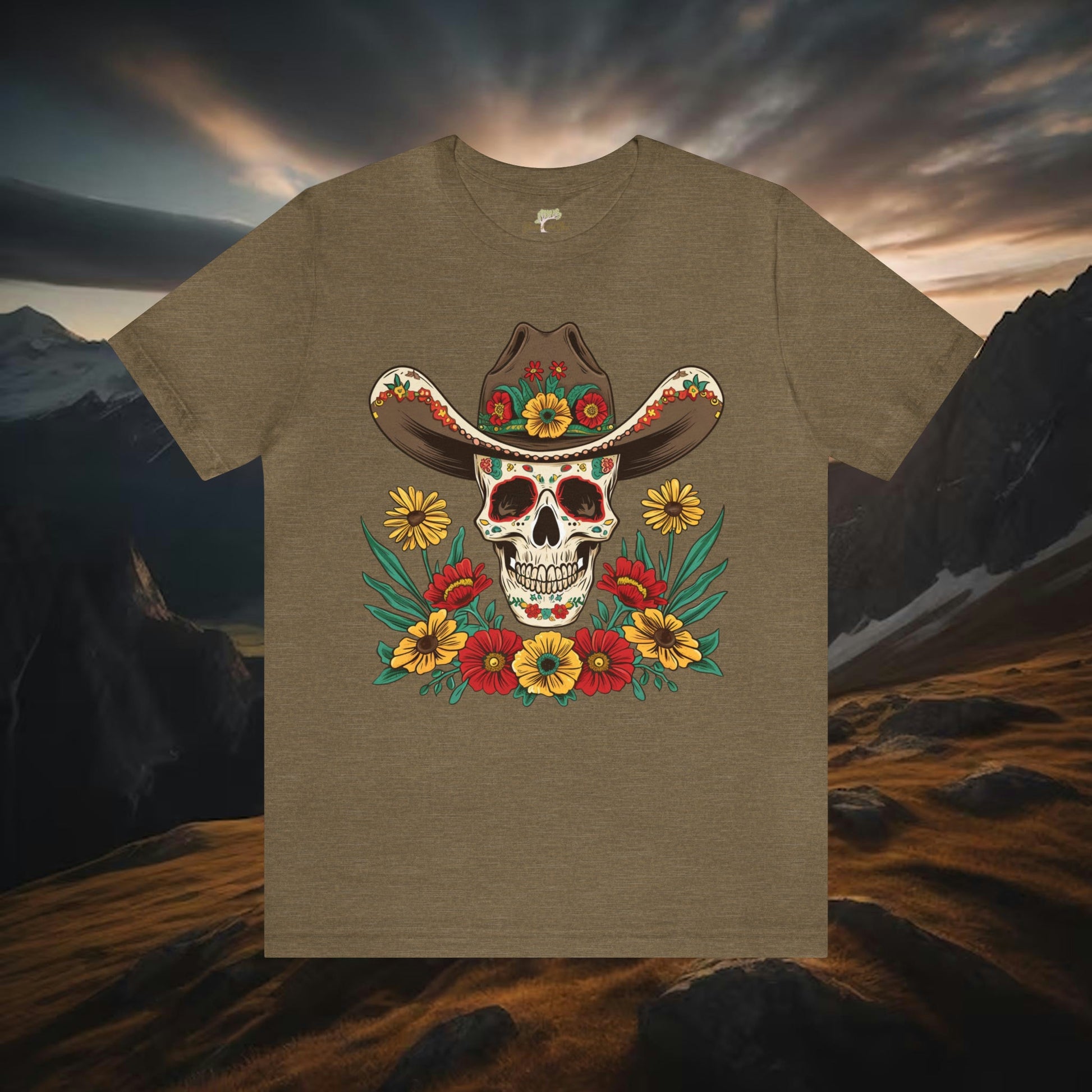 Cowboy Skull and Wildflowers Unisex Tee | Folk Art Design - Branch and Stick Branch and Stick