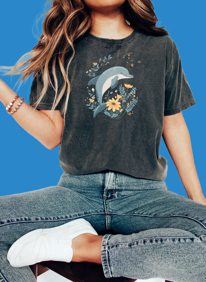 Dolphin Jumping Over Wildflowers T-Shirt | Playful and Tasteful Design - Branch and Stick Branch and Stick