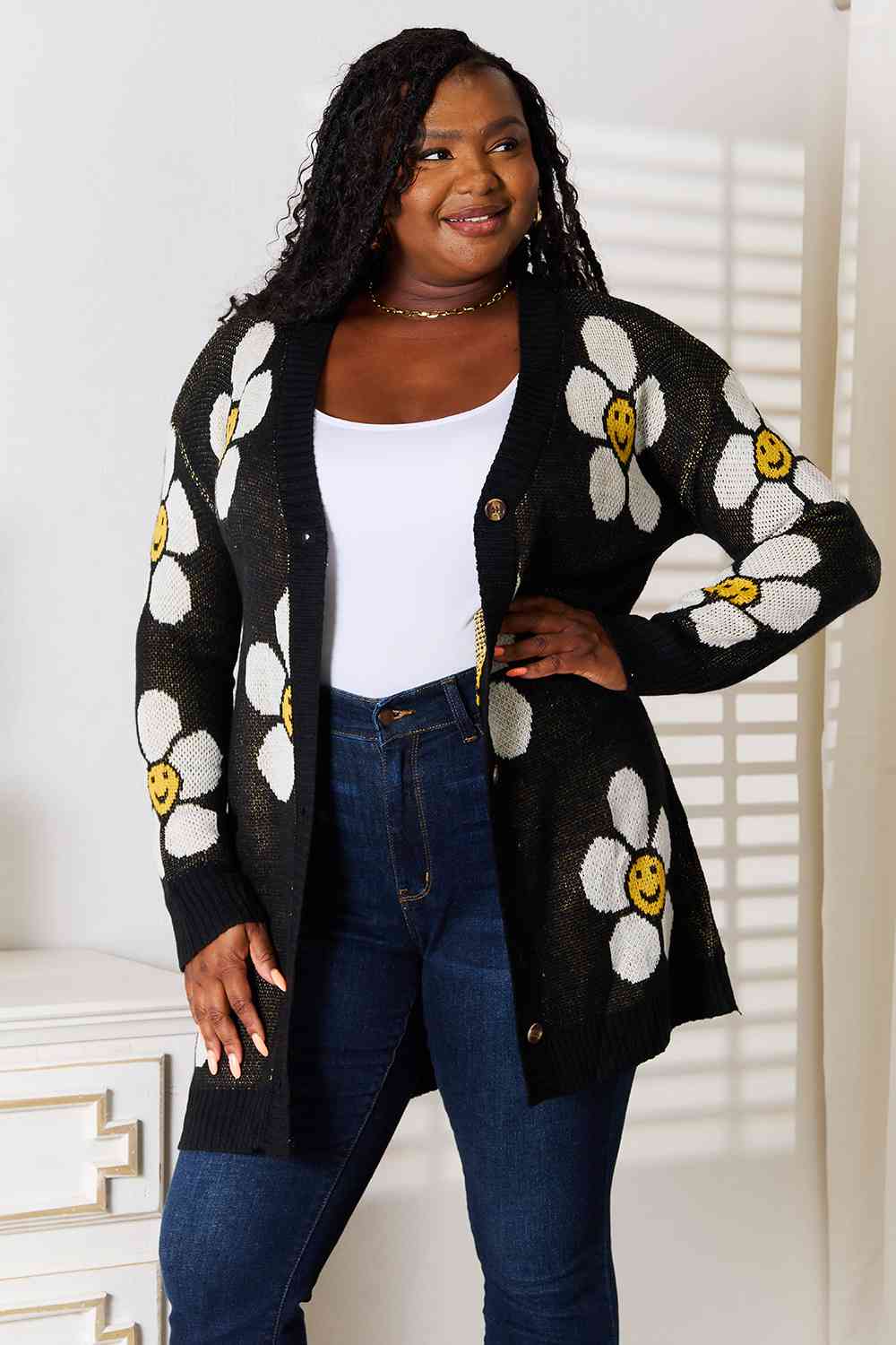 Double Take Floral Button Down Longline Cardigan Branch and Stick