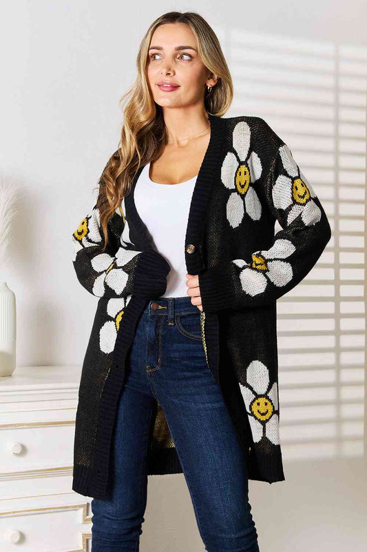 Double Take Floral Button Down Longline Cardigan Branch and Stick