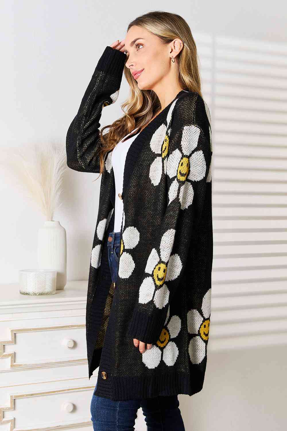 Double Take Floral Button Down Longline Cardigan Branch and Stick