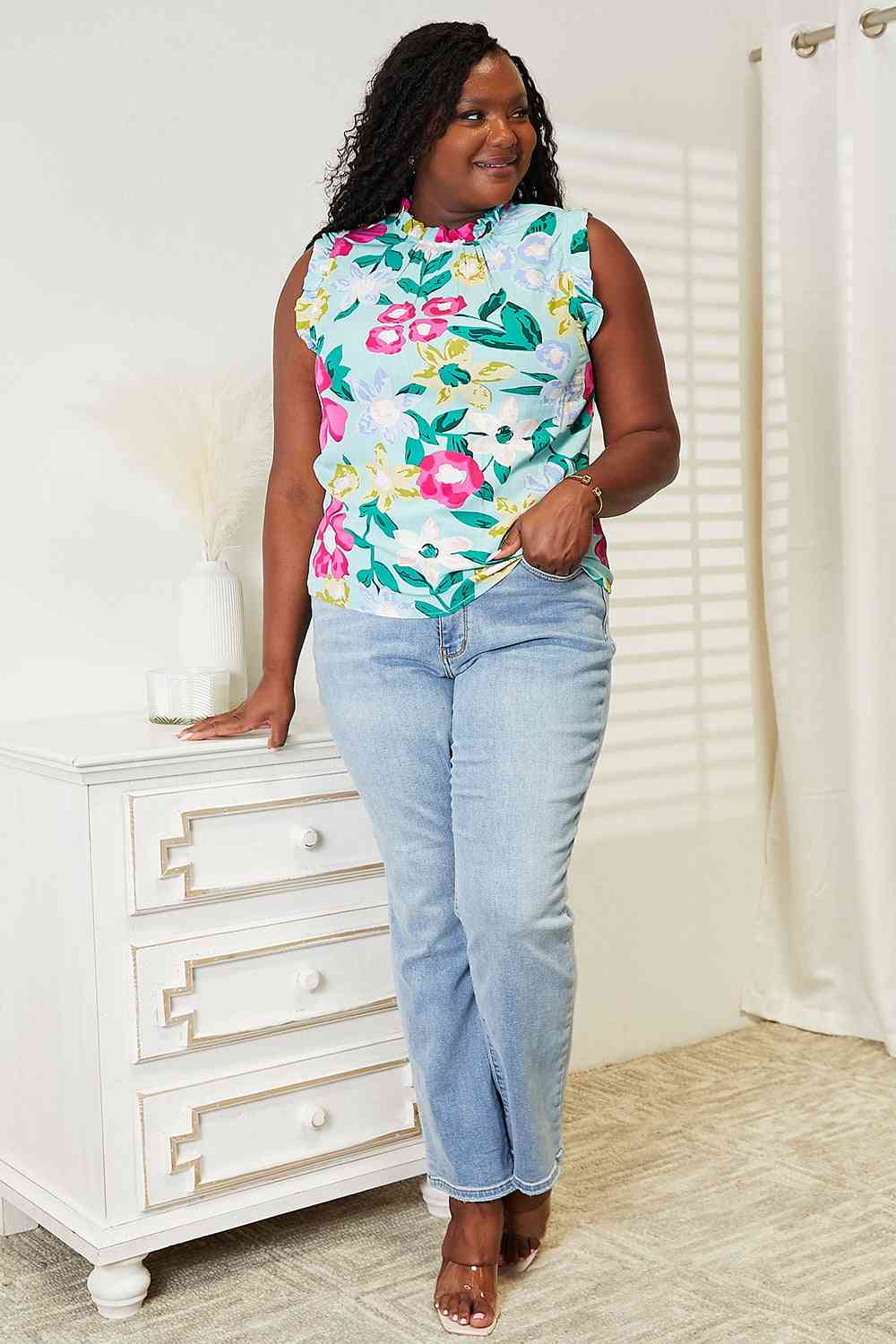 Double Take Floral Print Ruffle Shoulder Blouse | Branch and Stick Branch and Stick