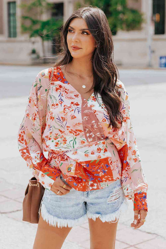 Floral Belted Surplice Blouse Branch and Stick