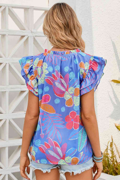 Floral Notched Neck Flutter Sleeve Blouse Branch and Stick