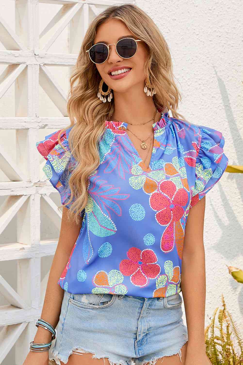 Floral Notched Neck Flutter Sleeve Blouse Branch and Stick