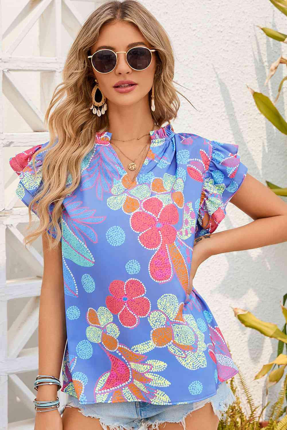 Floral Notched Neck Flutter Sleeve Blouse Branch and Stick