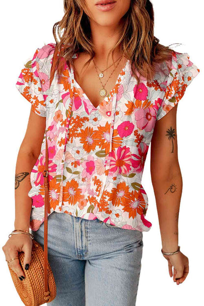 Floral Tie Neck Flutter Sleeve Blouse | Branch and Stick Branch and Stick