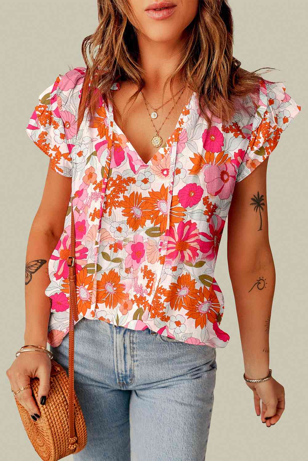 Floral Tie Neck Flutter Sleeve Blouse | Branch and Stick Branch and Stick