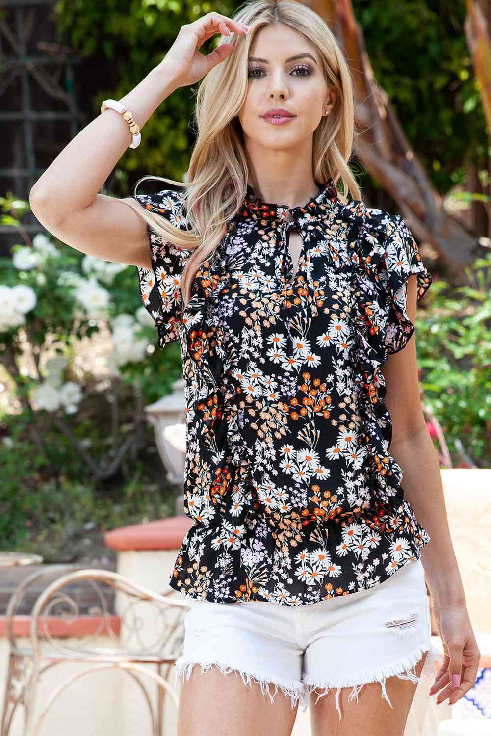 Floral Tie Neck Flutter Sleeve Blouse | Branch and Stick Branch and Stick