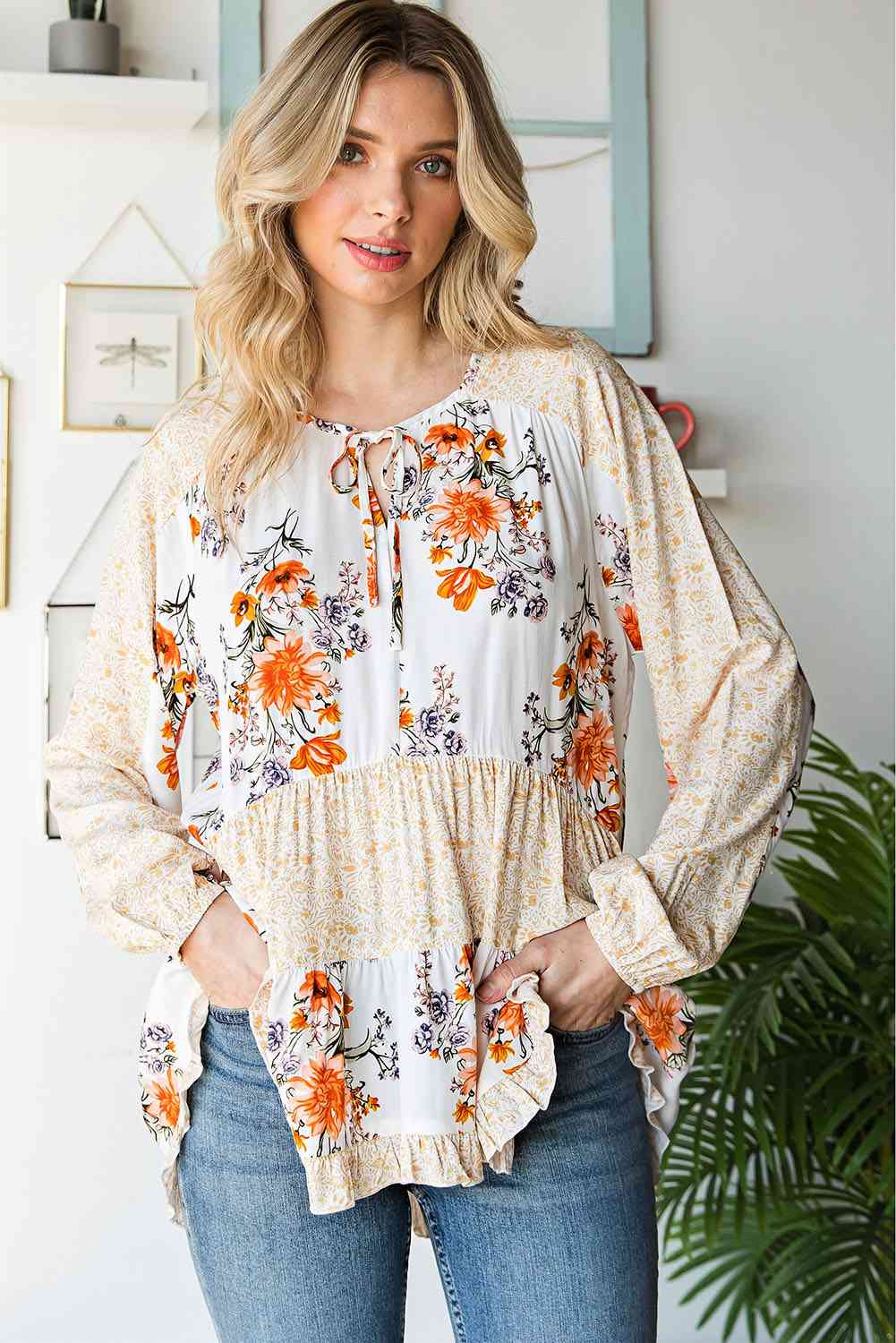 Floral Tie Neck Tiered Blouse Branch and Stick