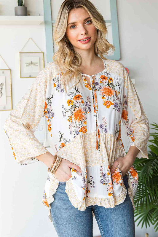 Floral Tie Neck Tiered Blouse Branch and Stick