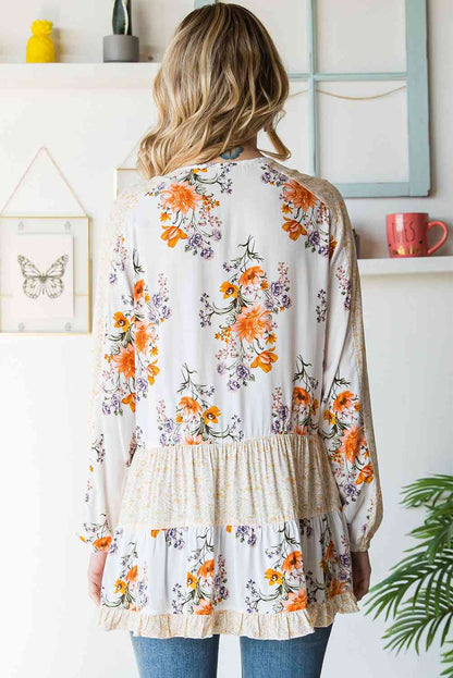 Floral Tie Neck Tiered Blouse Branch and Stick