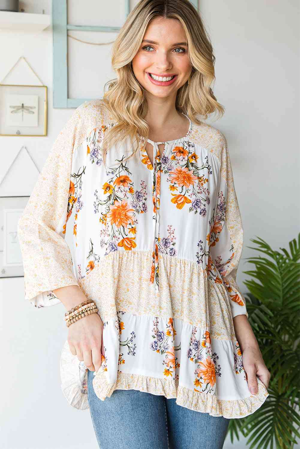 Floral Tie Neck Tiered Blouse Branch and Stick