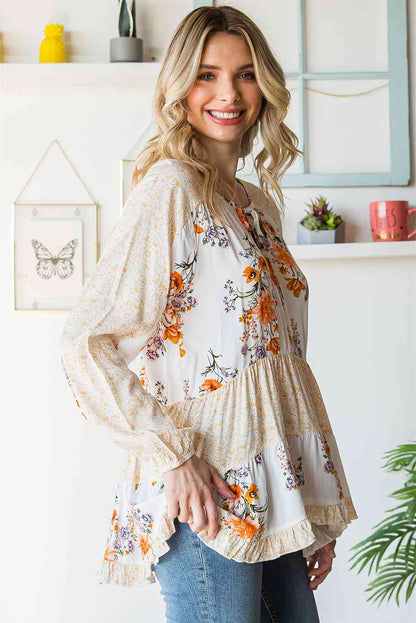 Floral Tie Neck Tiered Blouse Branch and Stick