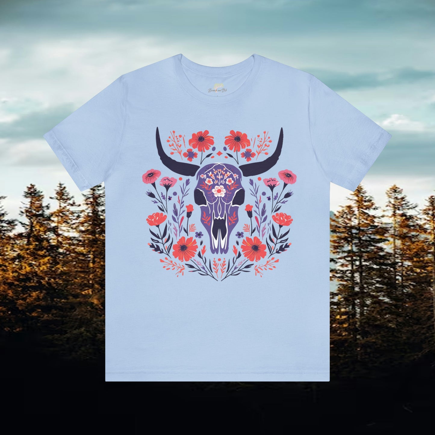 Funky Longhorn and Wildflower Unisex Tee | Folk Art Design Branch and Stick