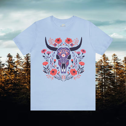 Funky Longhorn and Wildflower Unisex Tee | Folk Art Design Branch and Stick