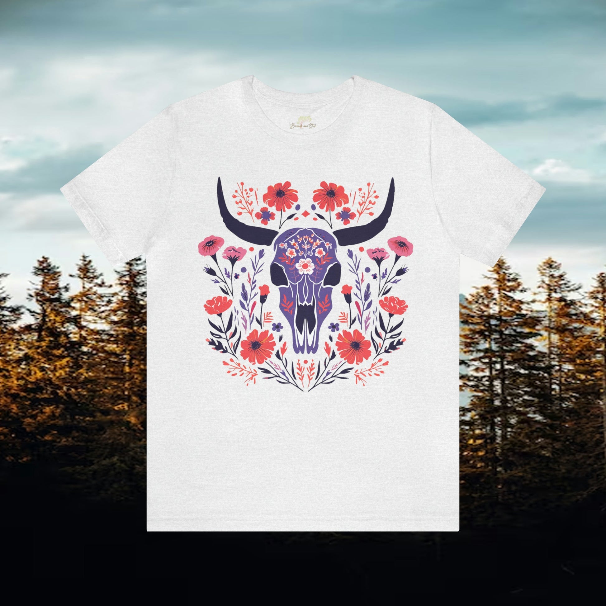 Funky Longhorn and Wildflower Unisex Tee | Folk Art Design Branch and Stick