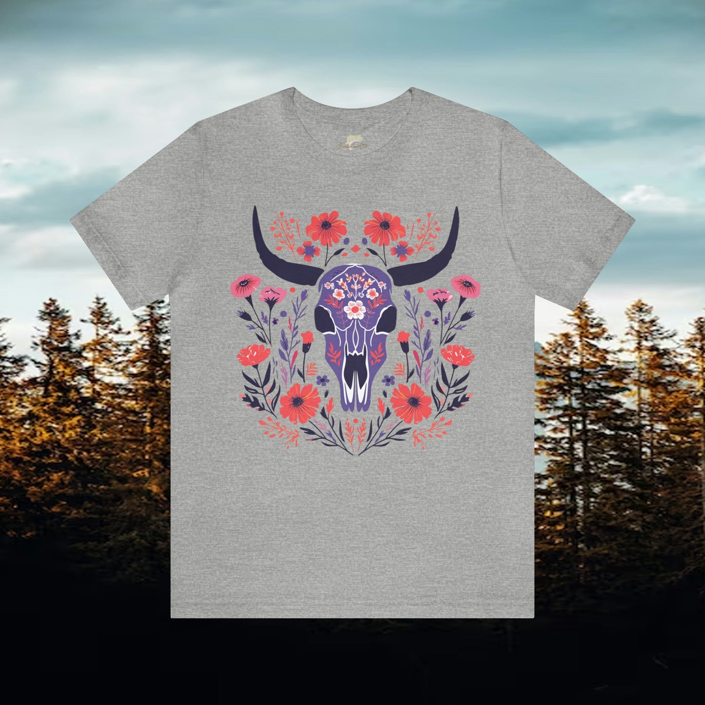 Funky Longhorn and Wildflower Unisex Tee | Folk Art Design Branch and Stick