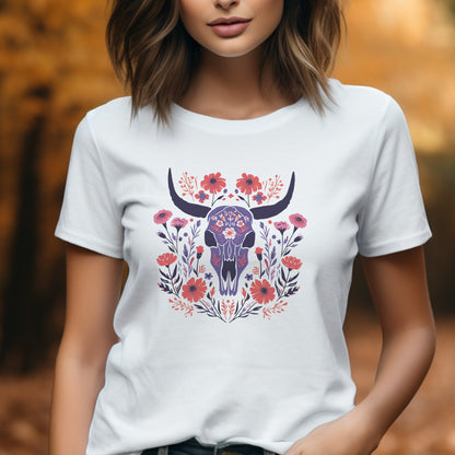 Funky Longhorn and Wildflower Unisex Tee | Folk Art Design Branch and Stick