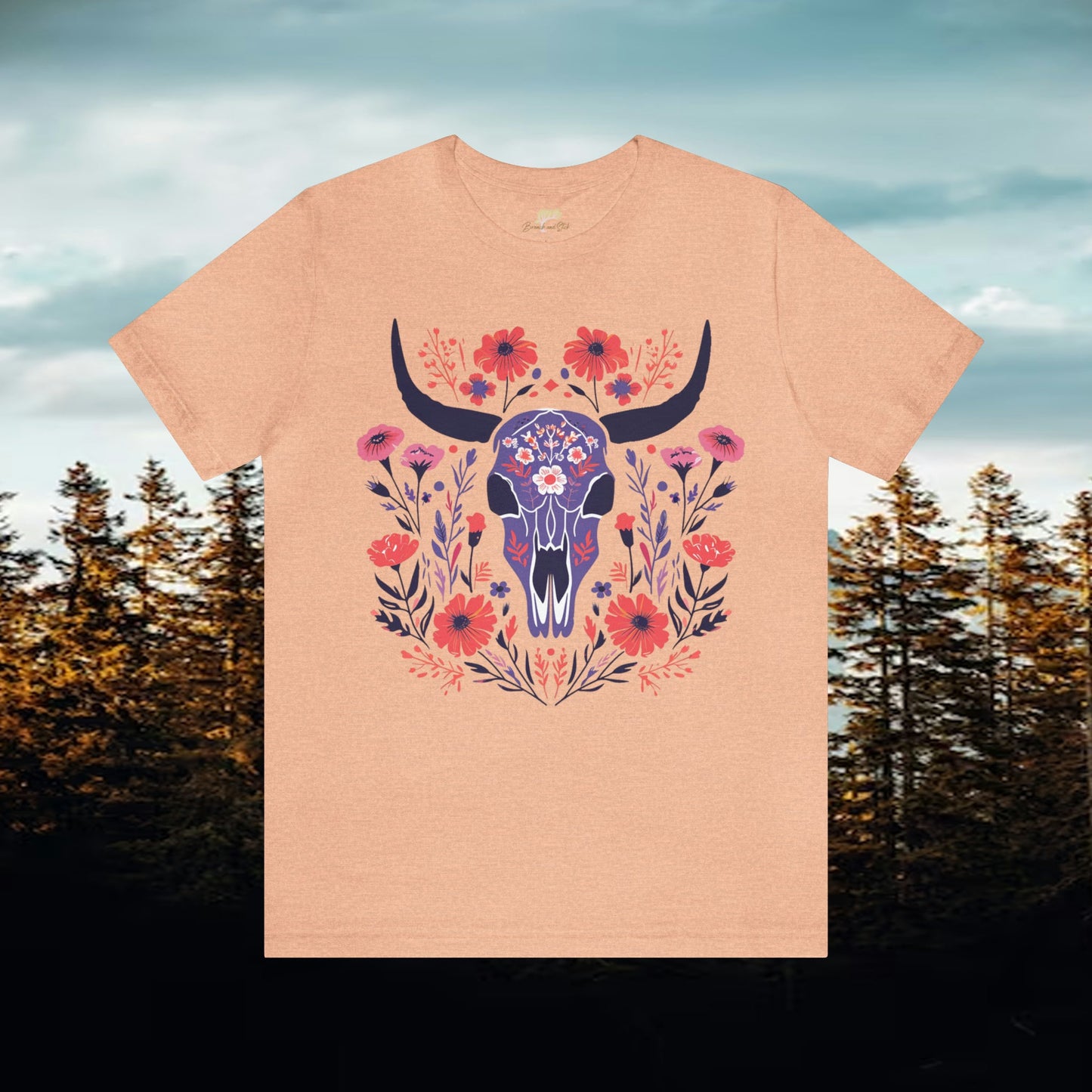 Funky Longhorn and Wildflower Unisex Tee | Folk Art Design Branch and Stick