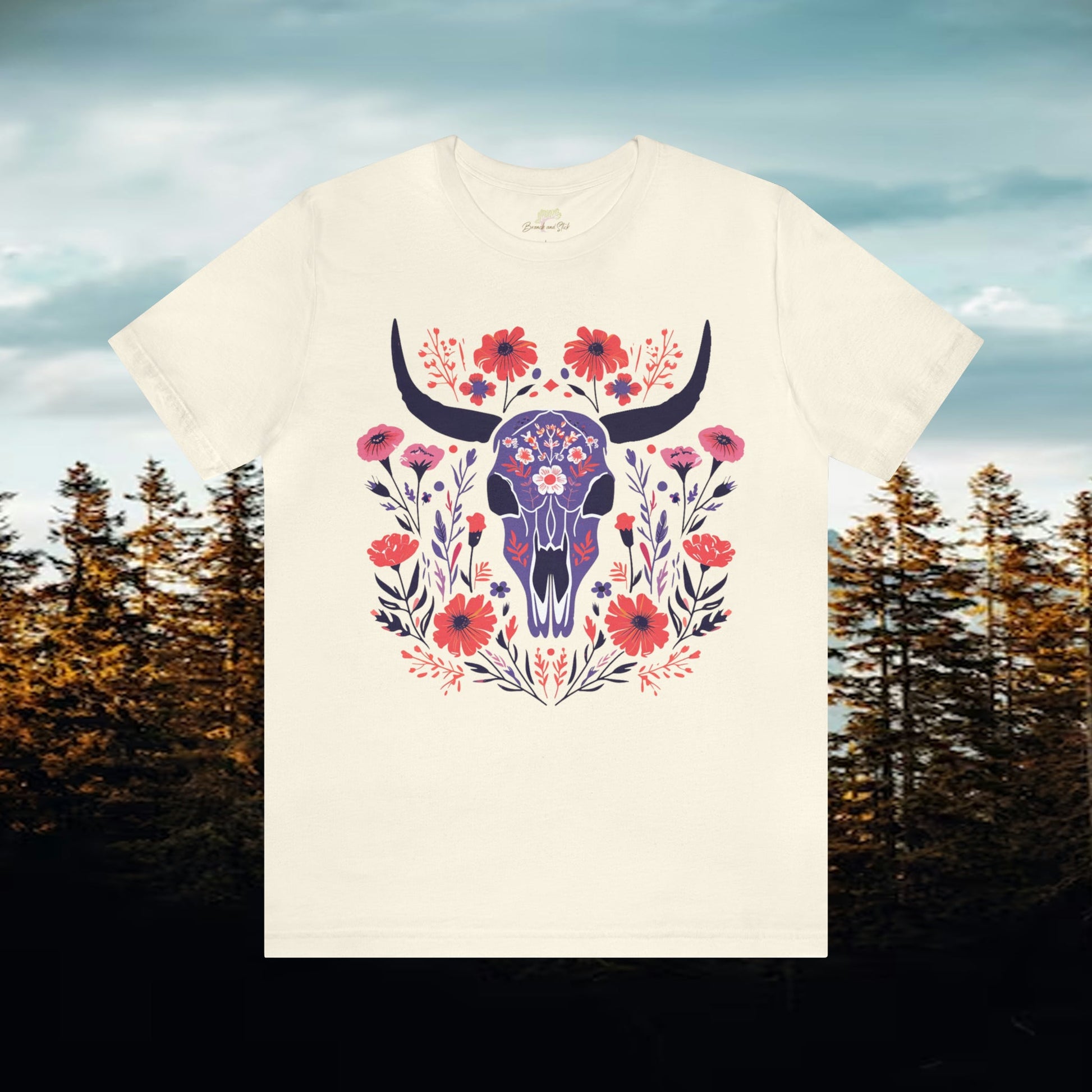 Funky Longhorn and Wildflower Unisex Tee | Folk Art Design Branch and Stick
