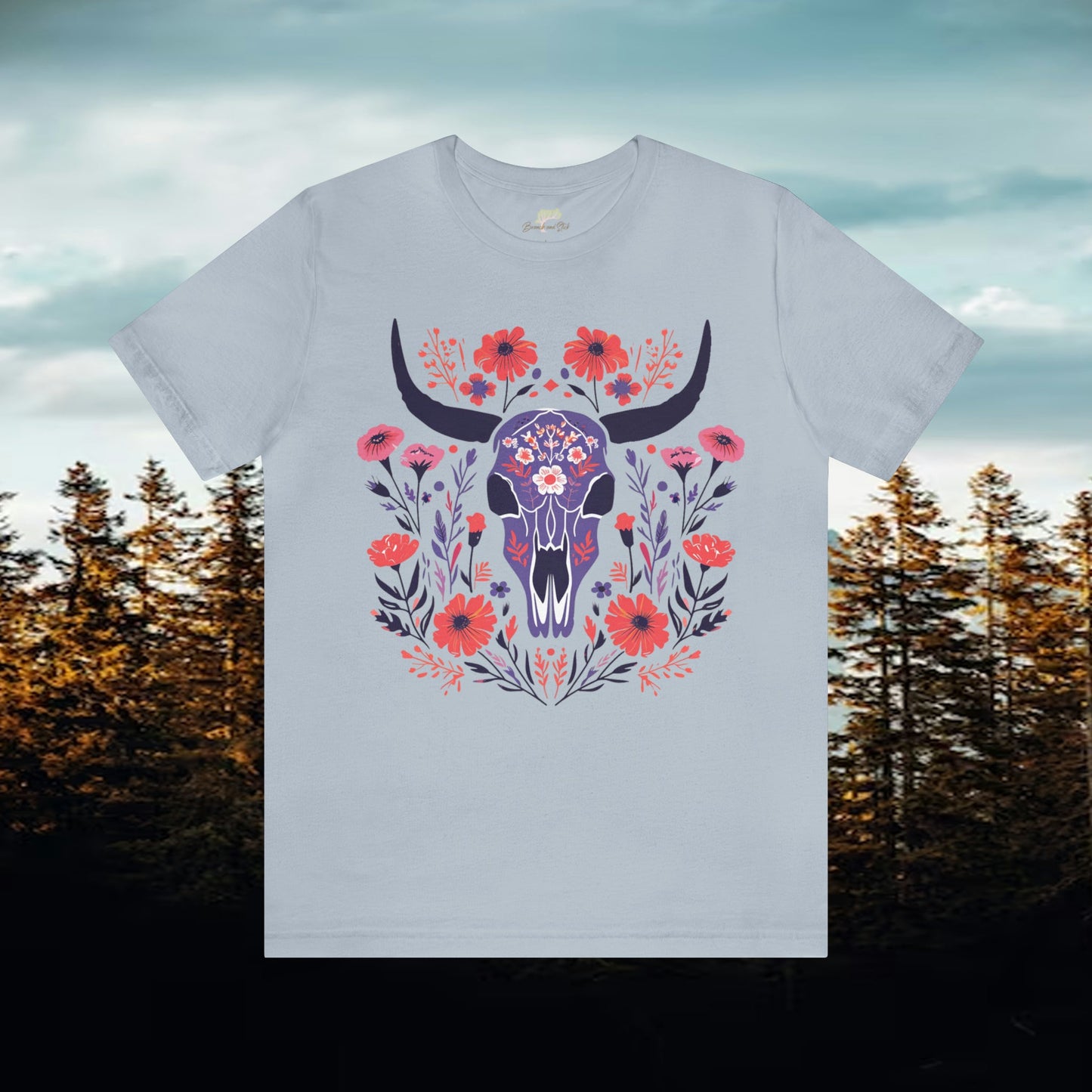 Funky Longhorn and Wildflower Unisex Tee | Folk Art Design Branch and Stick