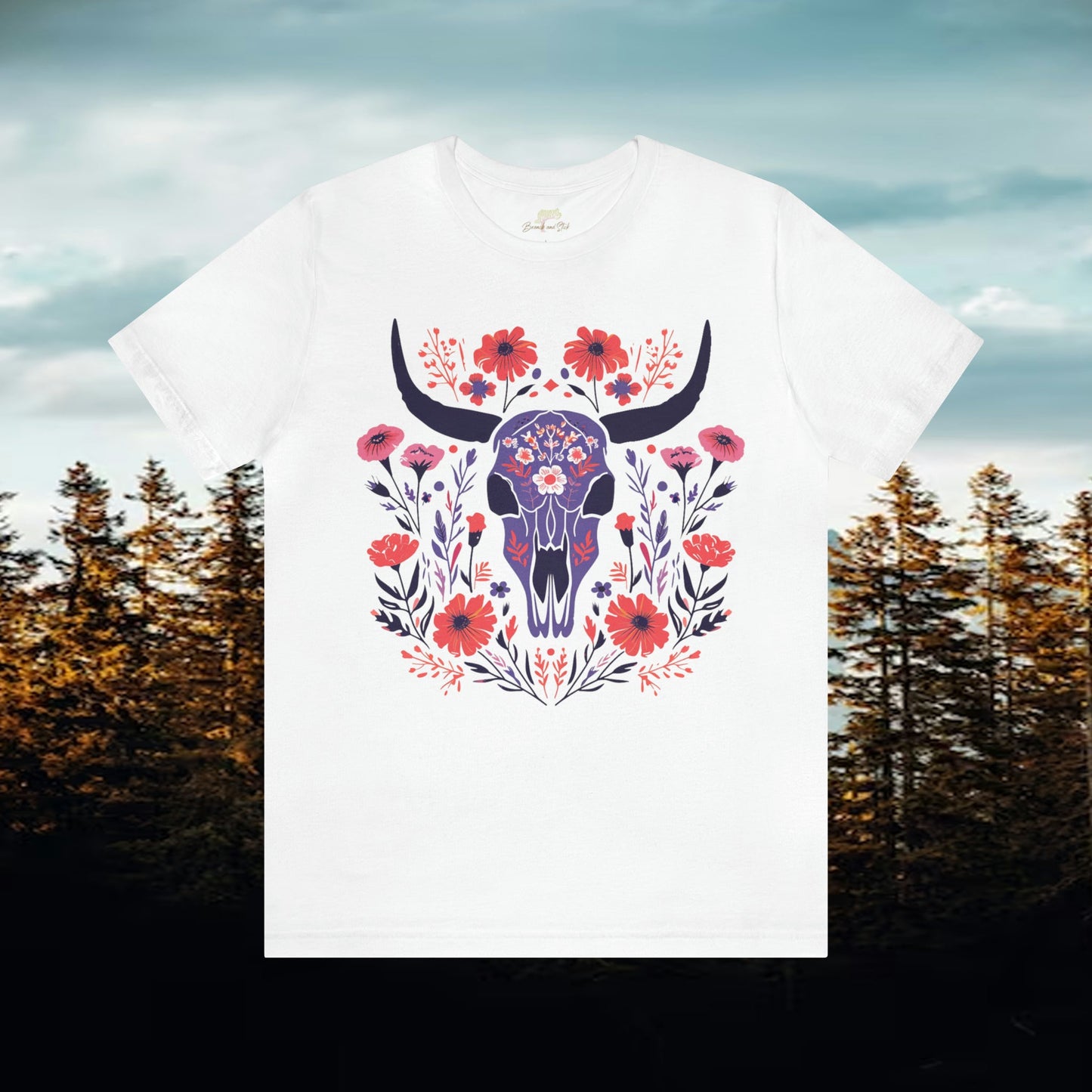 Funky Longhorn and Wildflower Unisex Tee | Folk Art Design Branch and Stick