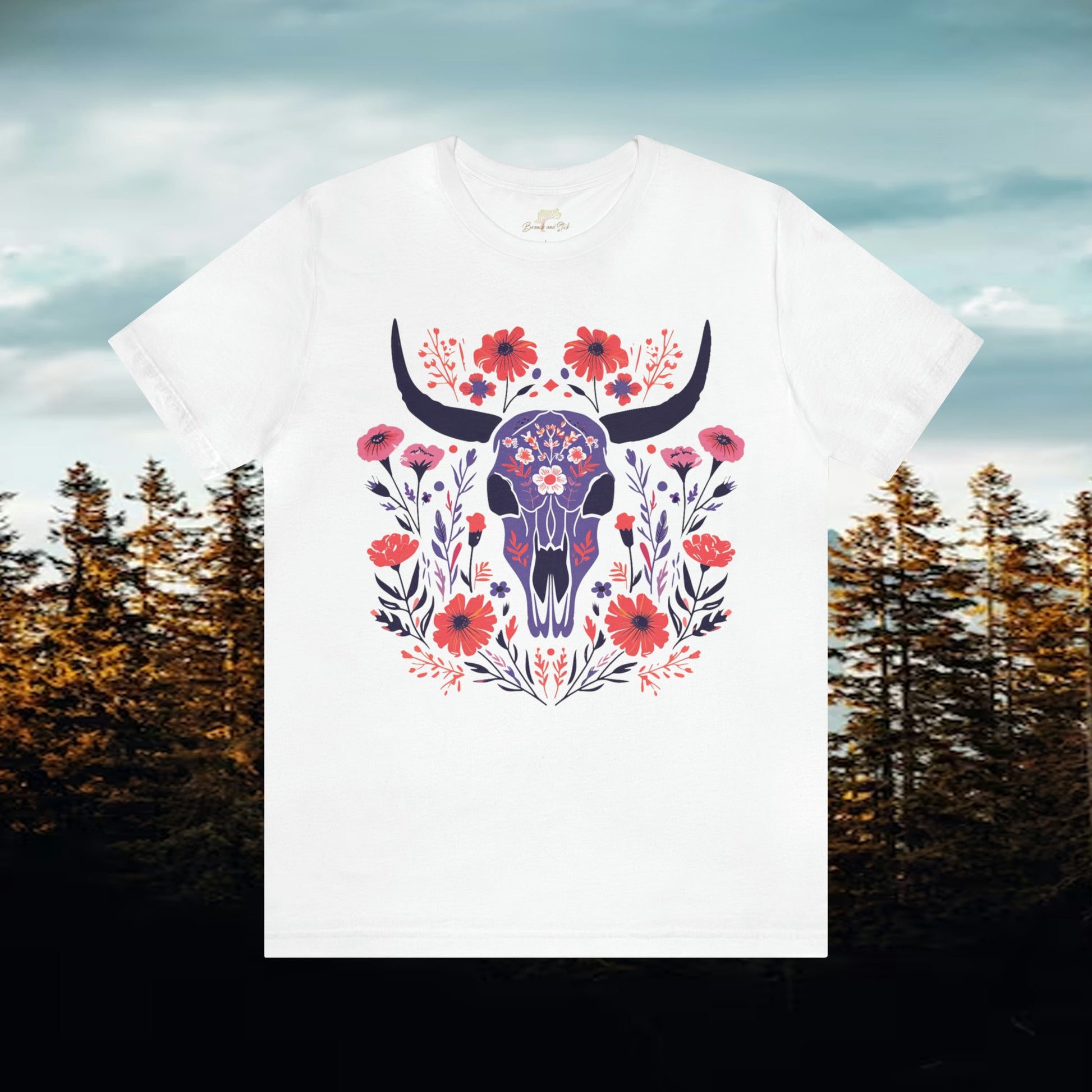 Funky Longhorn and Wildflower Unisex Tee | Folk Art Design Branch and Stick