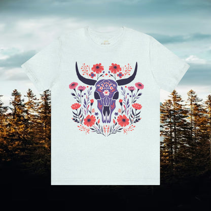 Funky Longhorn and Wildflower Unisex Tee | Folk Art Design Branch and Stick