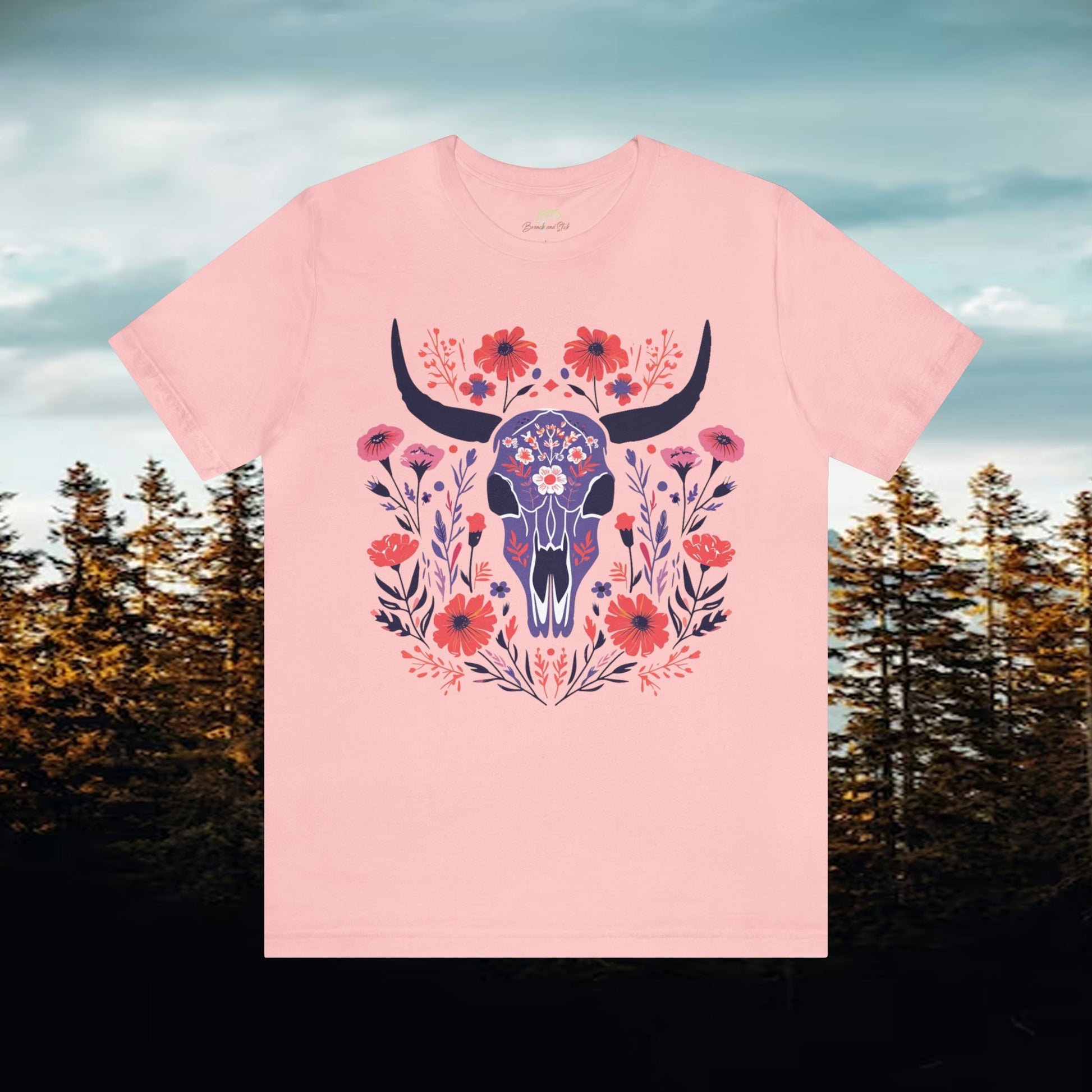 Funky Longhorn and Wildflower Unisex Tee | Folk Art Design Branch and Stick