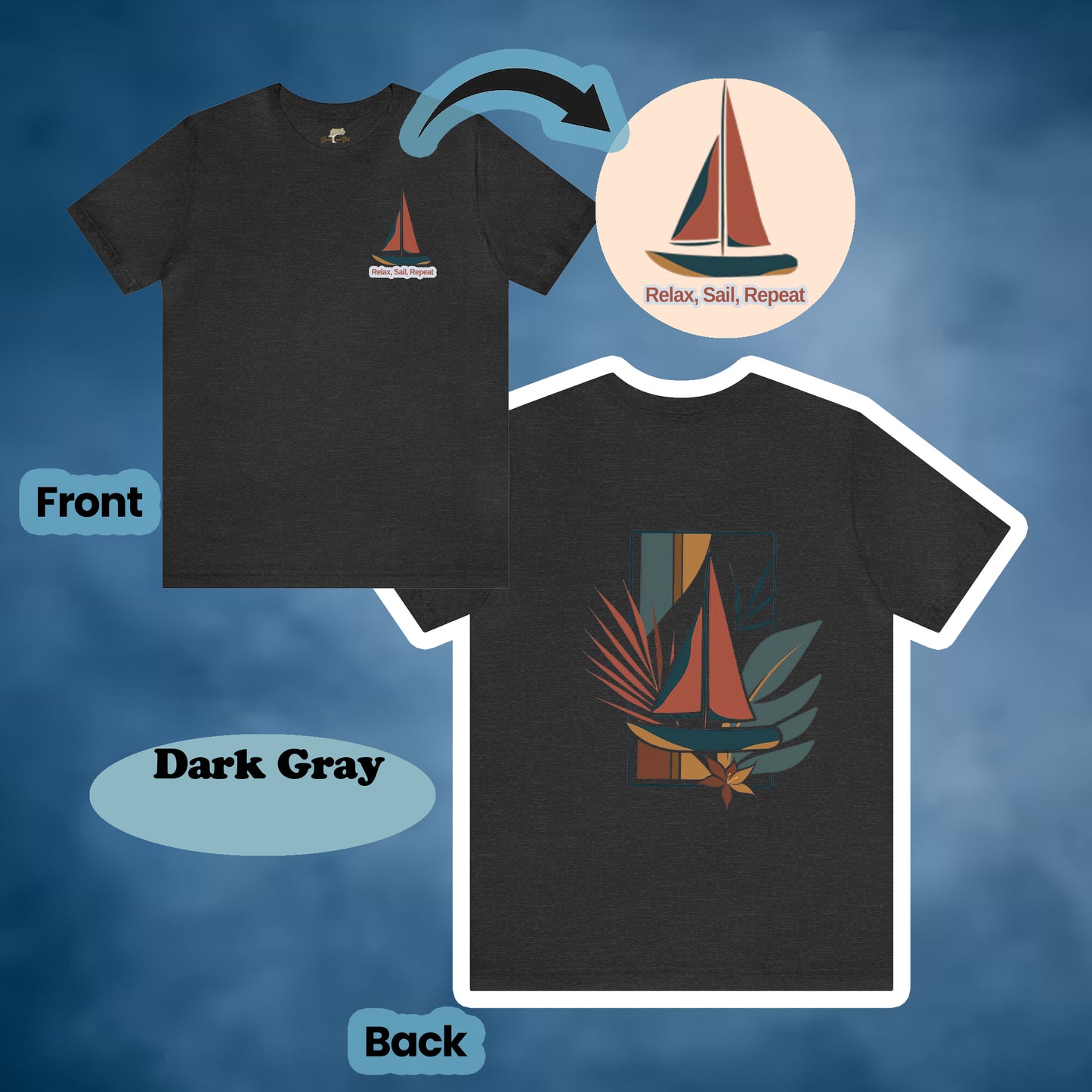 "Relax, Sail, Repeat" 2-Sided Sailboat Scene Tee | Branch and Stick