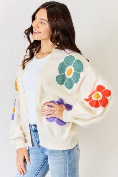 J.NNA Open Front Flower Pattern Long Sleeve Sweater Cardigan Branch and Stick