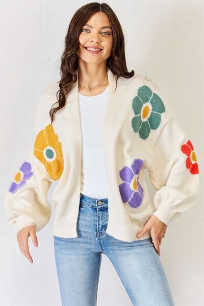 J.NNA Open Front Flower Pattern Long Sleeve Sweater Cardigan Branch and Stick